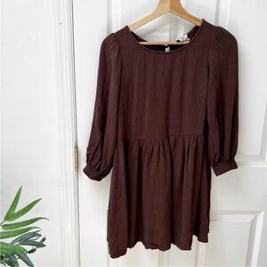 Princess Polly Linen Blend Long Sleeve Round Neck Dress in Brown